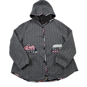 Emery Rose Womens 2XL Gray Quilted Hooded Jacket Floral Patchwork Trim Button Up